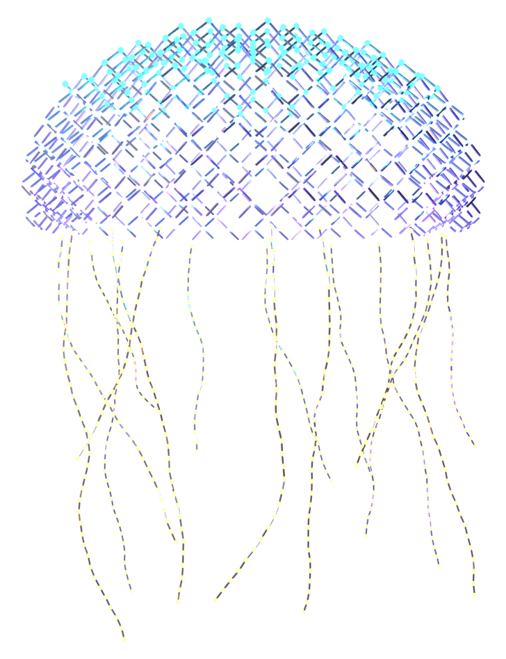 A glowing jellyfish whose bell is built from silicon's diamond-cubic crystal lattice, trailing tendrils of bonded atoms